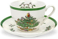 Spode Christmas Tree Teacup & Saucer Set - 7 Oz Earthenware Cup for Tea, Coffee, Cappuccino, Espresso - Holly & Mistletoe Holiday Accents - Holiday Collection Design for Gifting