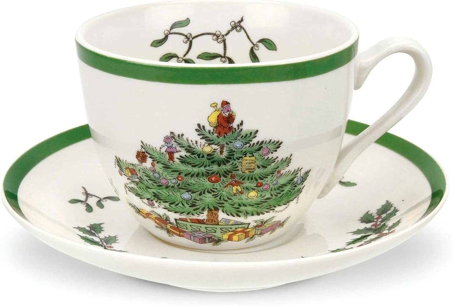 Spode Christmas Tree Teacup & Saucer Set - 7 Oz Earthenware Cup for Tea, Coffee, Cappuccino, Espresso - Holly & Mistletoe Holiday Accents - Holiday Collection Design for Gifting