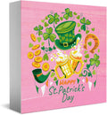 Happy St. Patrick’s Day Wooden Box Sign, Spring Decor, Country Style Lucky Clover Green Top Hat, Beer Mug, Horseshoe, Gold Coin Pattern Desk Decorate, Home Desk Office Decor 5 x 5 Inches