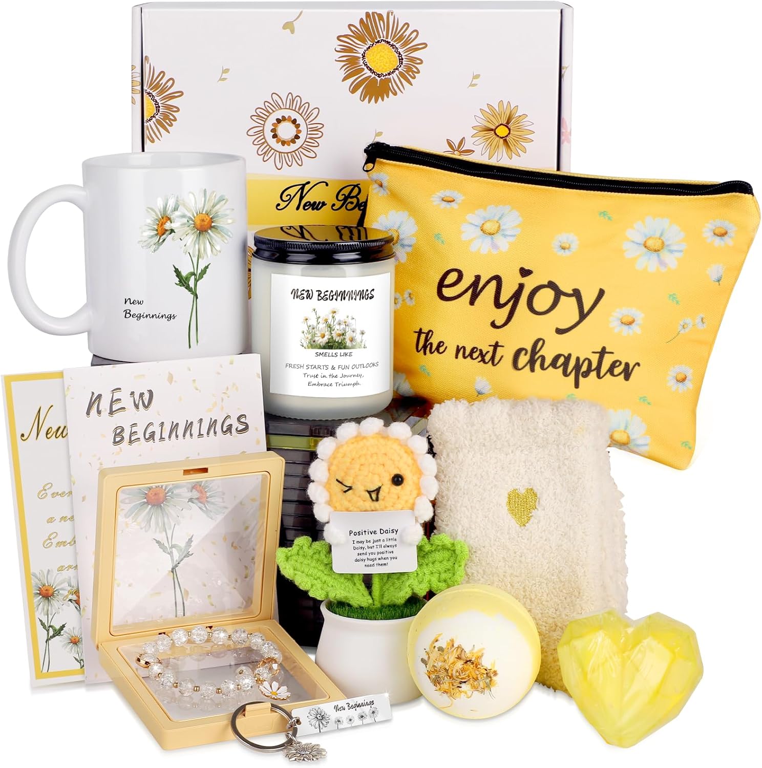 Extrogif New Beginning Gifts for Women - Daisy Coffee Mug, Candles, Positive Crochet Flowers & More, Encouragement Gift Box for Graduation, Coworker Farewell Leaving, Goodbye, Going Away, New Job