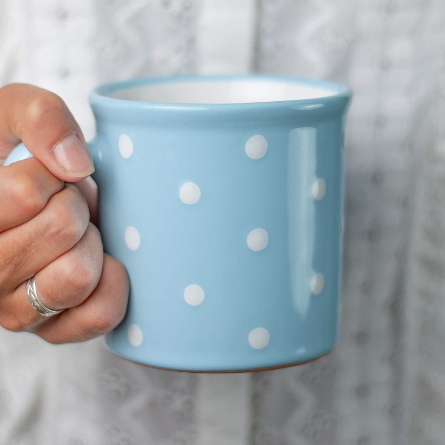 City to Cottage Handmade Light Sky Blue and White Polka Dot Ceramic Extra Large 17.5oz/500ml | Hot Chocolate, Coffee, Tea Mug, Cup with Handle Unique Designer Pottery Gift for Tea Lovers