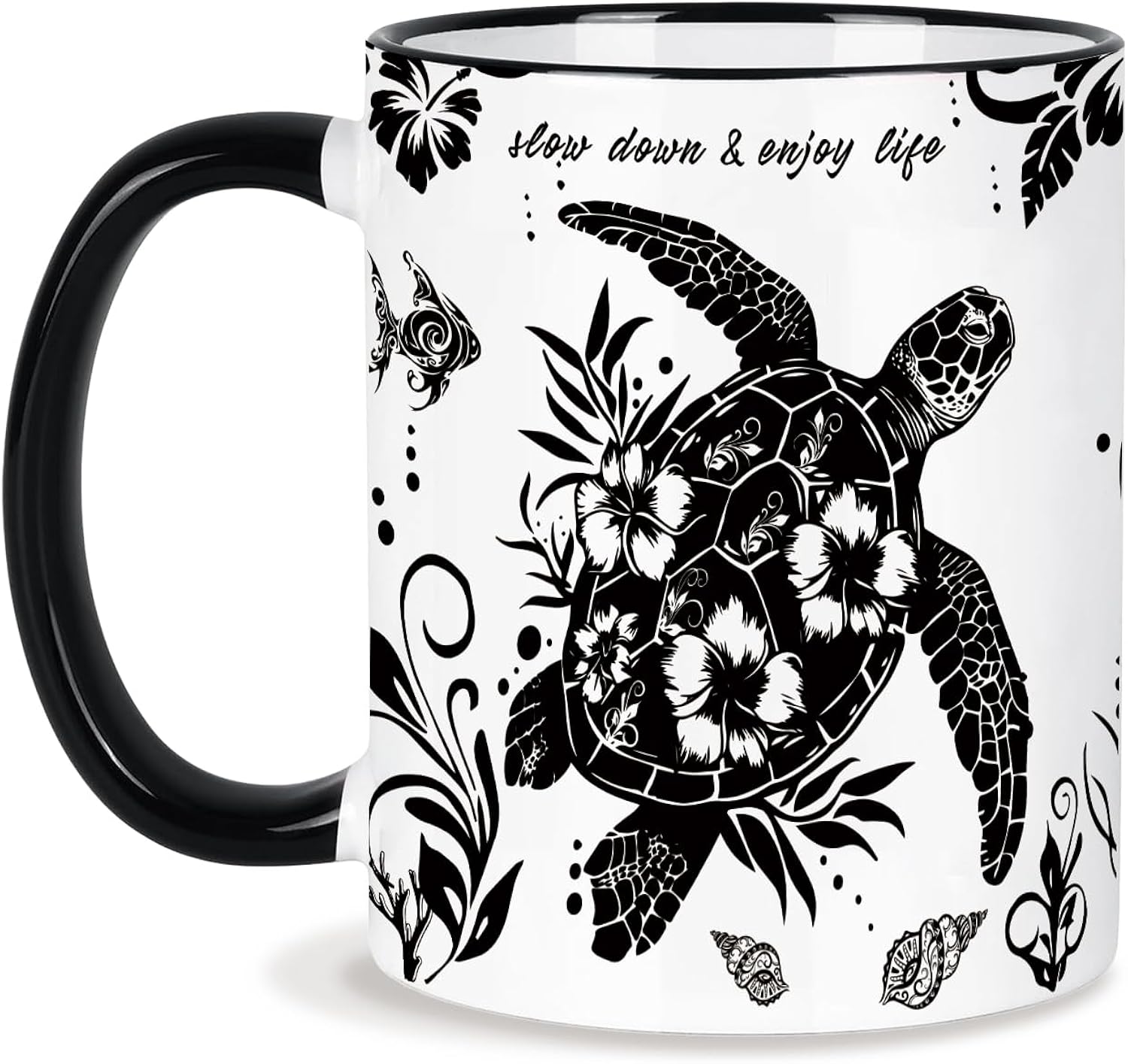 Sea Turtle Coffee Mug 11 Oz Sea Turtle Gifts Valentines Day Birthday Gift for Women Men, Boho Black and White Coffee Mug, Birthday Gifts for Friends Ceramic Mugs Microwave and Dishwasher Safe