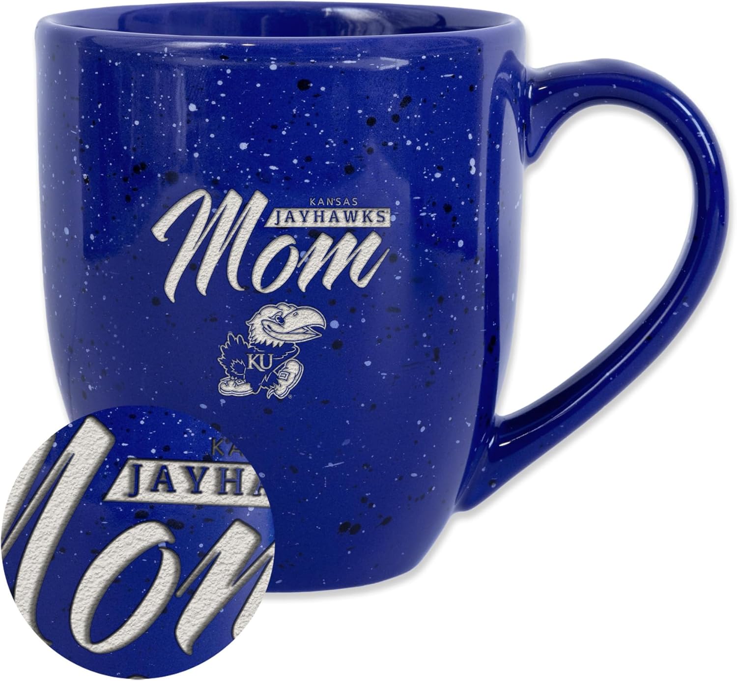 Rico Industries NCAA Kansas Jayhawks Mom 16 oz Team Color Laser Engraved Speckled Ceramic Coffee Mug