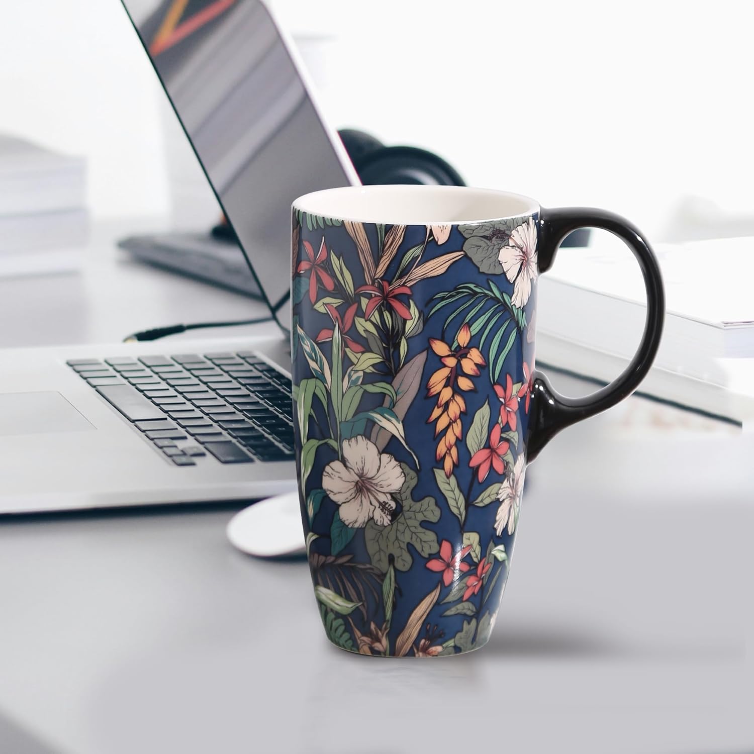 TZSSP Coffee Ceramic Mug Porcelain Latte Tea Cup With Lid 17oz,Novelty Coffee Mugs for Men Women Office & Home Blue