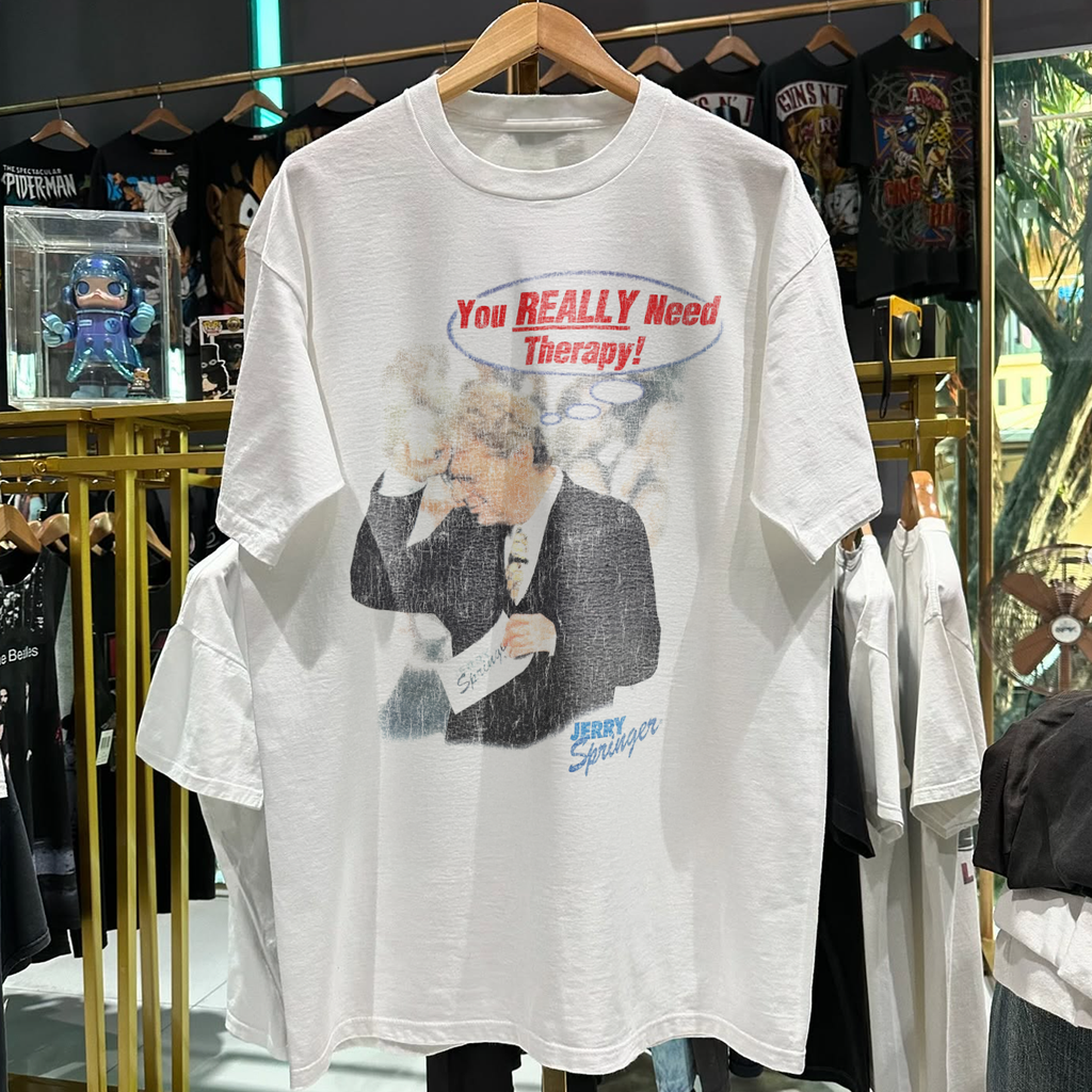 90s JERRY SPRINGER 'YOU REALLY NEED THERAPY' RARE WASHED WHITE T-SHIRT Hoodie, Sweatshirt | CoreVibeTees.com (Image 1)