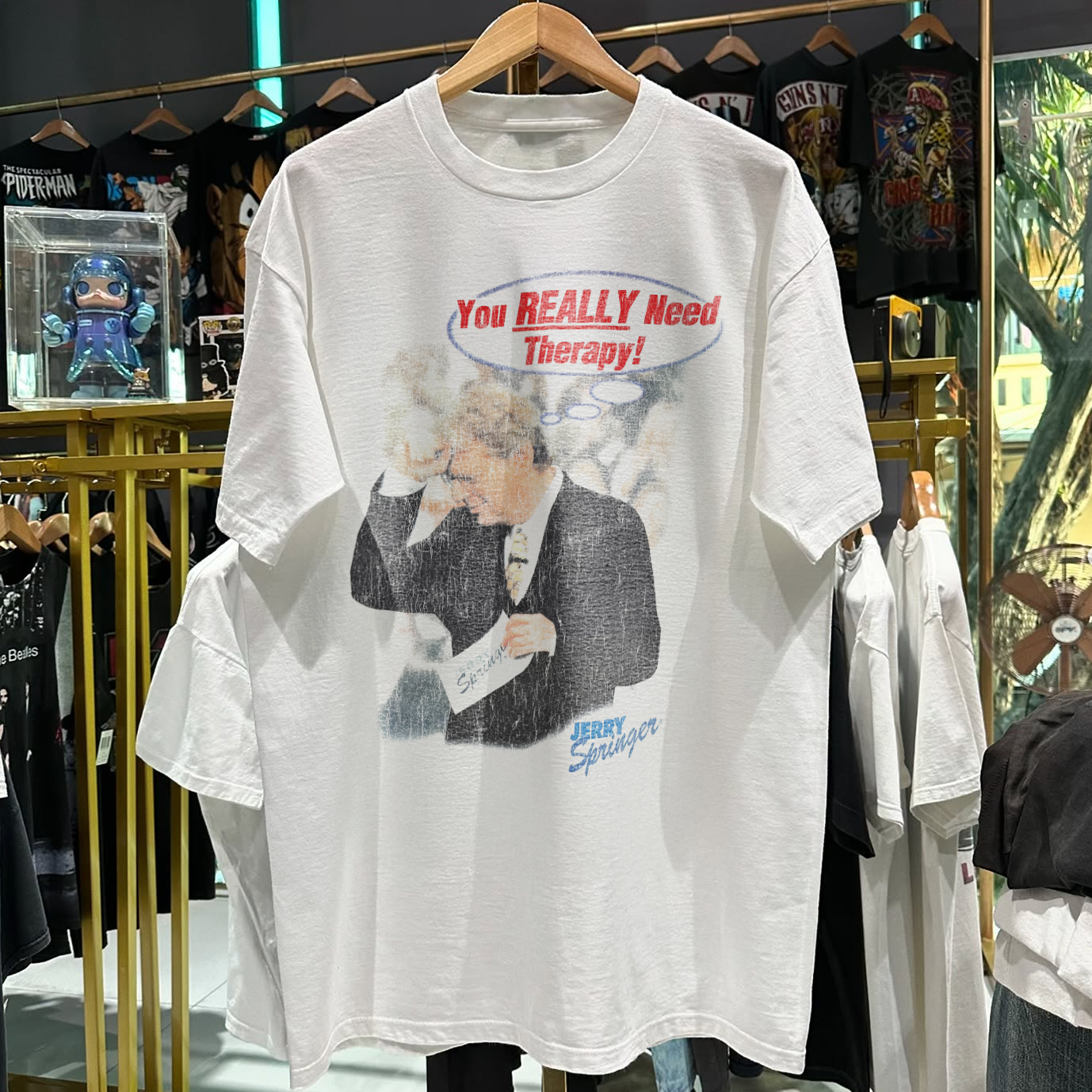 90s JERRY SPRINGER 'YOU REALLY NEED THERAPY' RARE WASHED WHITE T-SHIRT Hoodie, Sweatshirt | CoreVibeTees.com (Image 1)