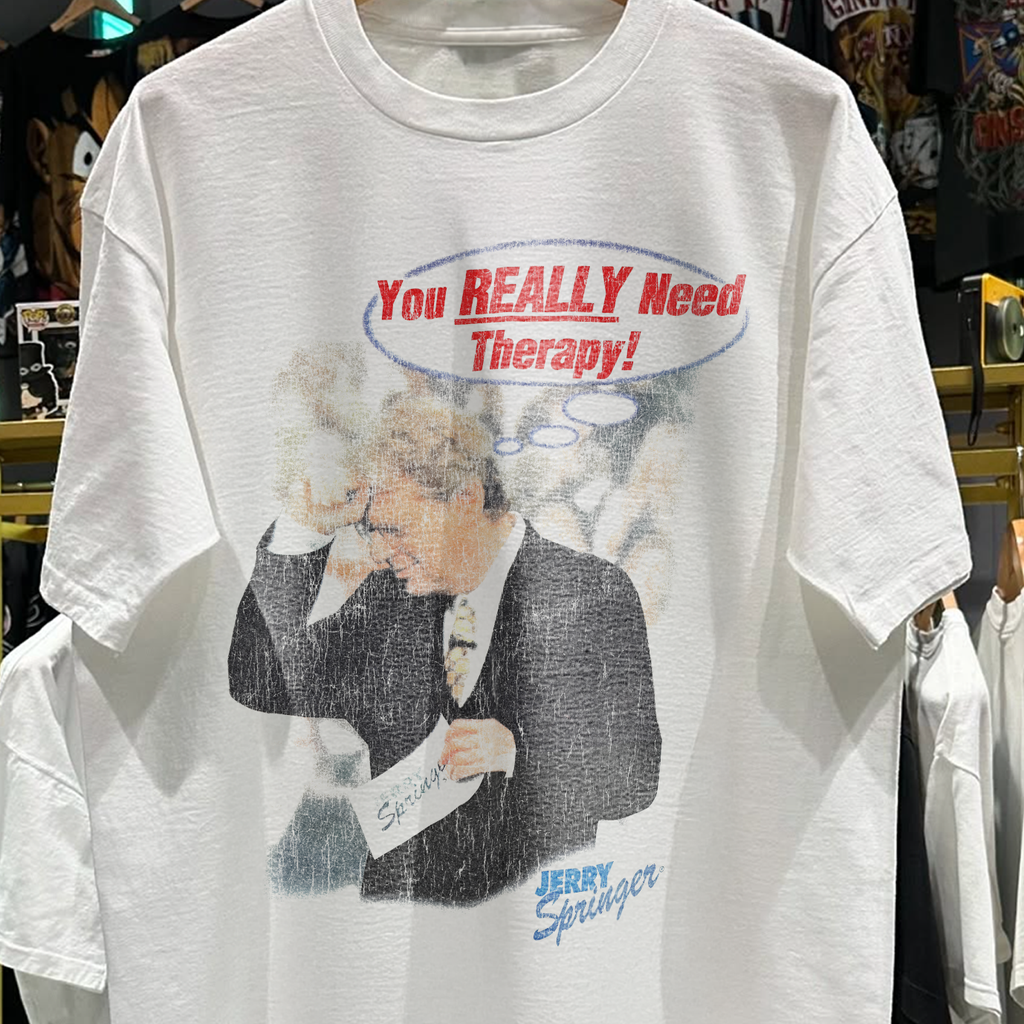 90s JERRY SPRINGER 'YOU REALLY NEED THERAPY' RARE WASHED WHITE T-SHIRT Hoodie, Sweatshirt | CoreVibeTees.com (Image 2)