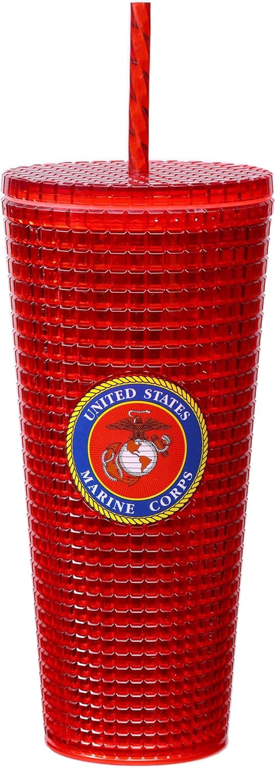 Spoontiques Diamond Tumbler, 20oz - Textured Cup w/Staw, Double Wall Insulated, BPA Free - US Marines