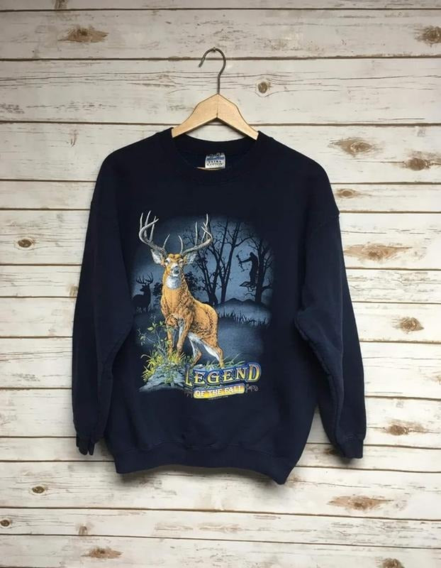 90's Whitetail Deer crewneck sweatshirt Buck crew neck sweatshirt faded black animal print wildlife sweatshirt - Short Large Menswear Athletic