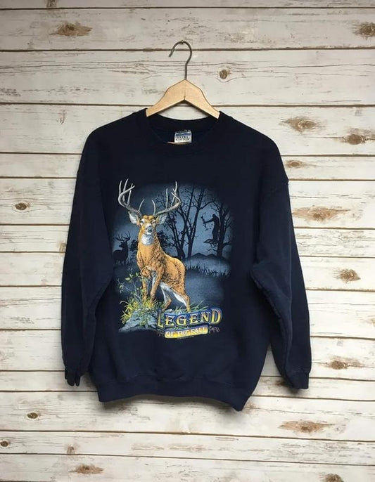 90's Whitetail Deer crewneck sweatshirt Buck crew neck sweatshirt faded black animal print wildlife sweatshirt - Short Large Menswear Athletic