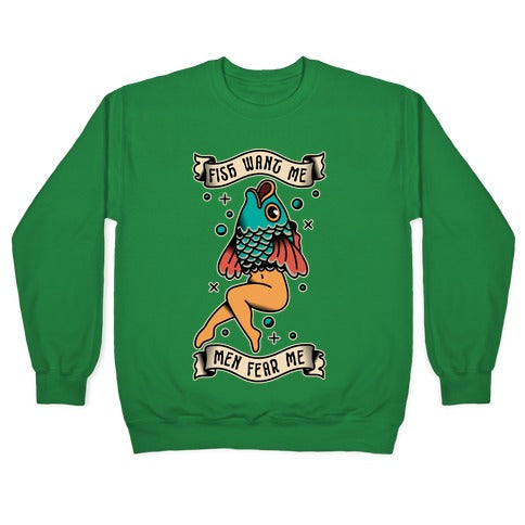 Fish Want Me Men Fear Me Reverse Mermaid Crewneck Sweatshirt T-Shirts, Hoodie | CoreVibeTees.com (Image 3)