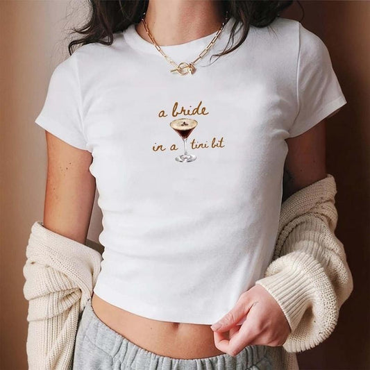 A Bride In A Tini Bit Baby Tee, Martini Bachelorette Party CropTop, Martini Bride Tee, Gift For Bridesmaid, Trendy Y2K Top,Bride To Be Shirt