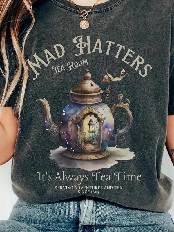 A Family In A Kettle, Letter- Graphic Print-Round Neck Casual Sport Short Sleeve T-Shirt-Fashion Women, Family trip Shirt