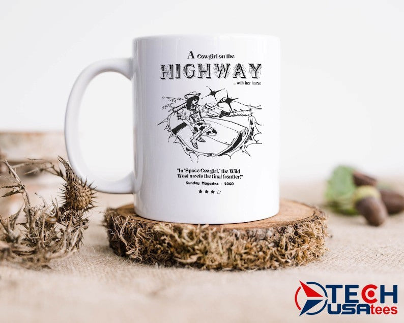 A cowgirl on the highway with her horse shirt