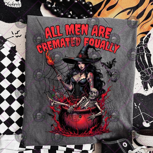 ALL MEN ARE CREMATED EQUALLY Chilling & Thrilling Black Halloween Crewneck T Shirt with Neon Cauldron Witches Hat Bats and Pumpkins Graphic in Circle Design Short Sleeve Unisex Sizing Casual Top Streetwear Menswear Festive Menswear Tshirt