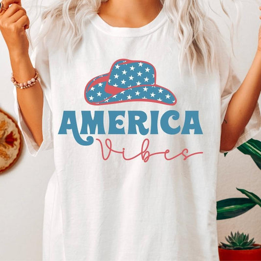 AMERICA VIBES COWGIRL HAT SHIRT, 4TH OF JULY SHIRT, JULY 4TH SHIRT UNISEX COTTON SHIRT, OVERSIZED HOLIDAY SUMMER SHIRT Comfort Fabric
