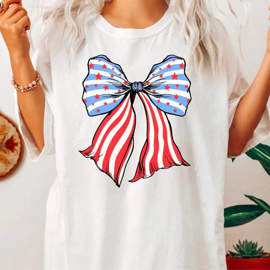 AMERICAN FLAG BOW SHIRT, 4TH OF JULY SHIRT, JULY 4TH SHIRT UNISEX COTTON SHIRT, OVERSIZED HOLIDAY SUMMER SHIRT  Fabric,