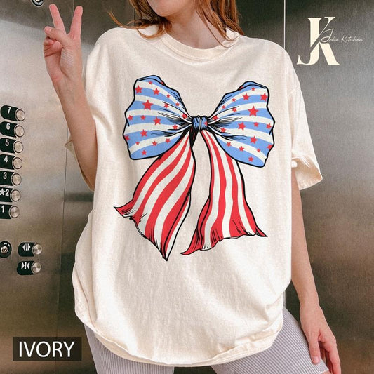 AMERICAN FLAG BOW SHIRT, 4TH OF JULY SHIRT, JULY 4TH SHIRT UNISEX COTTON SHIRT, OVERSIZED HOLIDAY SUMMER SHIRT Comfort Fabric Top Womenswear