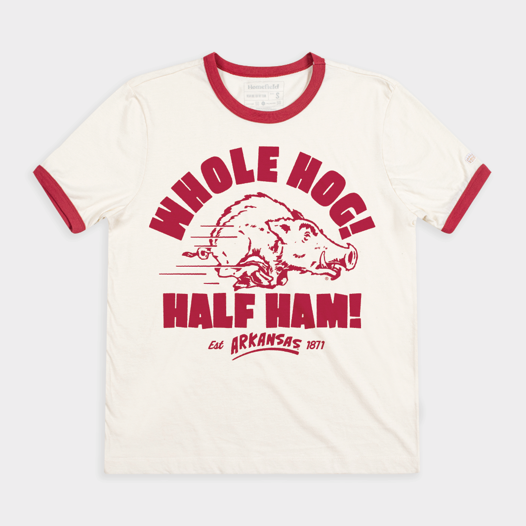 Arkansas "Whole Hog! Half Ham!" Ringer Tee Hoodie, Sweatshirt | CoreVibeTees.com (Image 1)