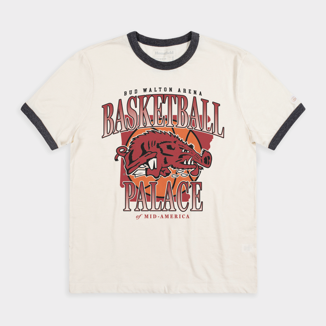 Arkansas Razorbacks "Basketball Palace" Ringer Tee Hoodie, Sweatshirt | CoreVibeTees.com (Image 1)