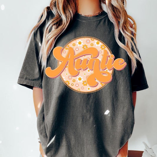AUNTIE ORANGE FLOWERS SHIRT  (COMFORT COLORS T-shirt, CAUSAL SHIRT UNISEX, AUNTIE CLOTHING, GRAPHIC APPAREL) Cotton Fabric