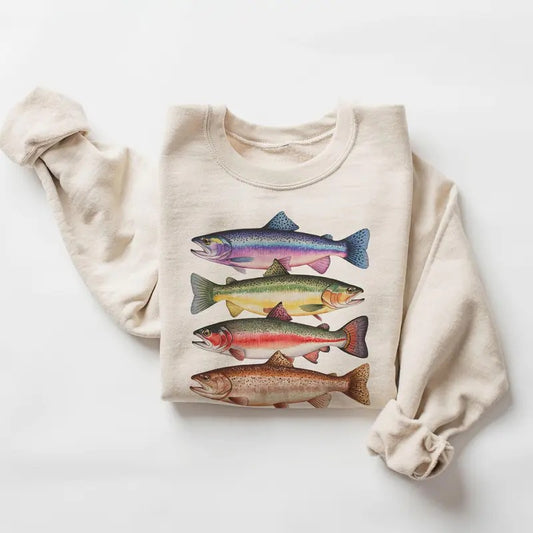 Abstract Colorful Trout In A Row Sweatshirt - River Fish Trout Species Outfit - Fly Fishing Gift - Boho Unisex Crewneck Sweatshirt