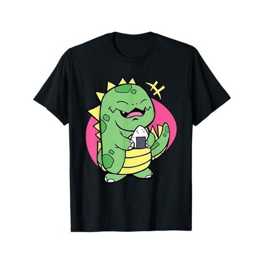 Adult Casual 100% Cotton T-Shirt with Dinosaur & Onigiri Graphic, Crew Neck, Short Sleeve, Slight Stretch, Pullover Style, Hot Stamped, All-Season Wear, Regular Fit - Black Made in USA