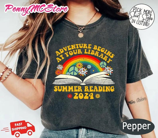 Adventure Begins At Your Library Shirt, Bookish Shirt, 2024 Summer Reading Shirt, Literature Shirt, Retro Librarian Shirt Cotton Sleeve