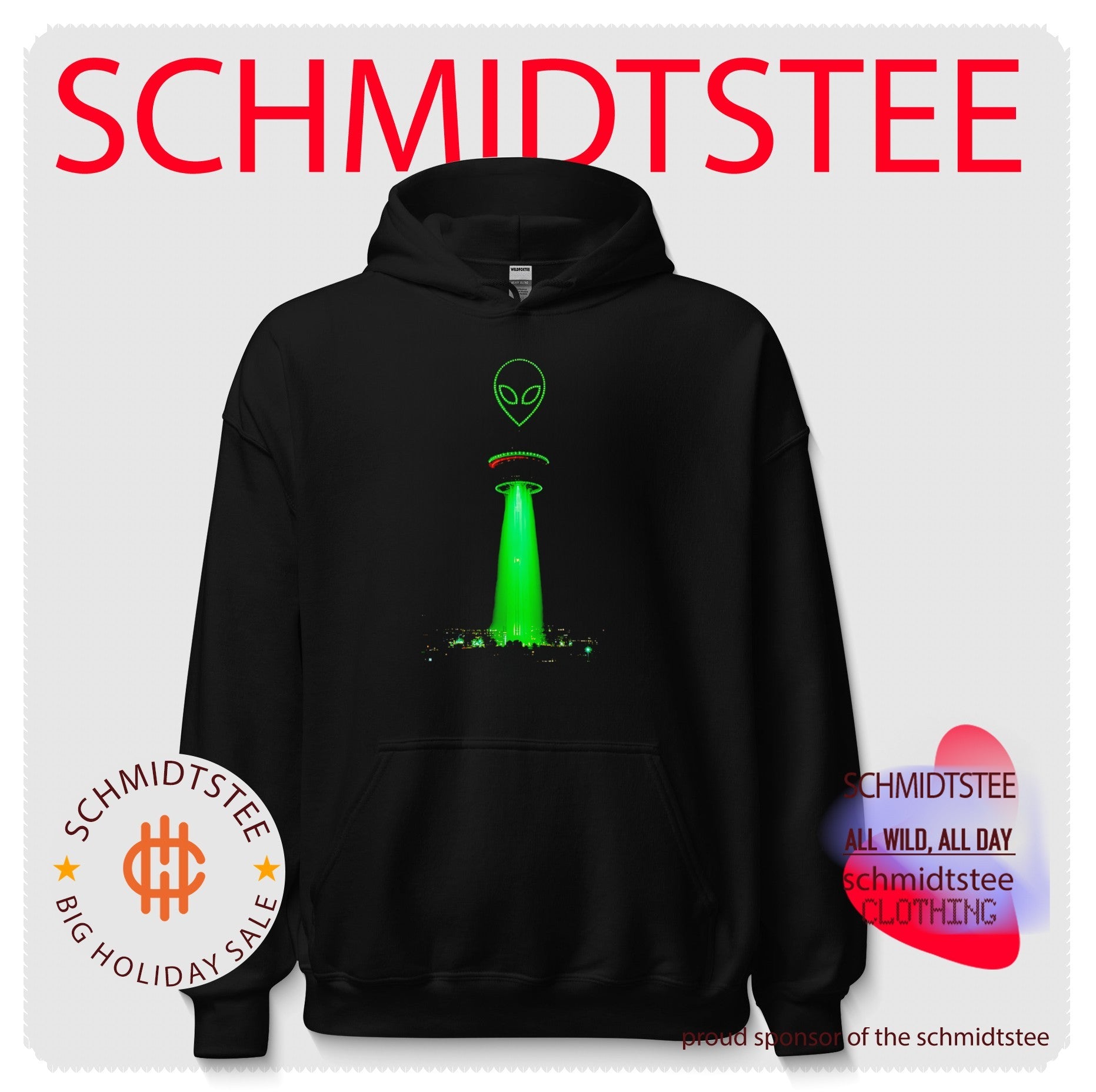 Alien UFO beaming down on city graphic shirt