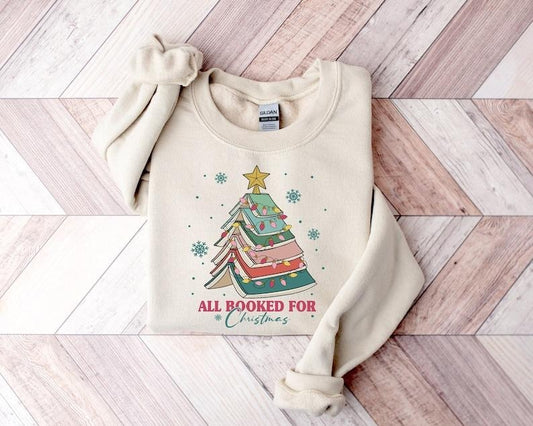 All Booked For Christmas Shirt Gift for Librarian,Bookworm Christmas Sweater,Christmas Book Tree Sweatshirt,Book Lovers Christmas Sweatshirt, Hoodie and Sweater; T-shirt Cotton Menswear