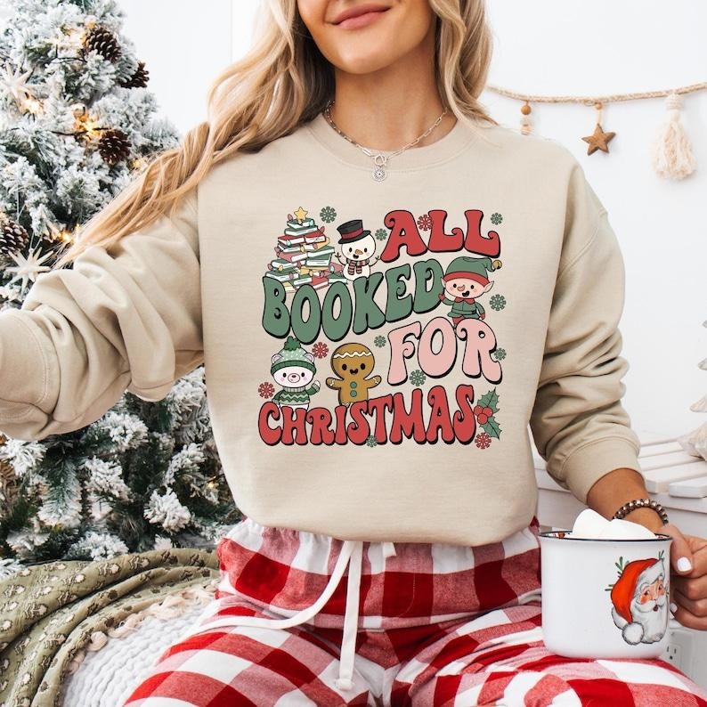 All Booked For Christmas Shirt, Retro Groovy Book Lover Christmas Sweatshirt, Christmas Bookish T-shirt, Bookworm Hoodie, Librarian Gifts