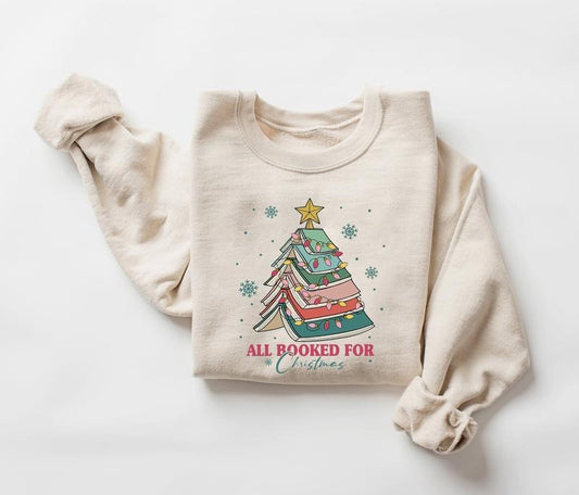 All Booked For Christmas Sweatshirt, Gift for Librarian, Bookworm Christmas Sweater, Christmas Book Tree Sweatshirt, Book Lovers Christmas Sweatshirt, Holiday Sweater, Cute Christmas Sweatshirt, Winter Christmas Gifts