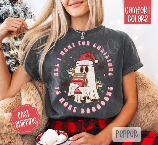 All I Want For Christmas Is Books Shirt Comfort Colors, Trendy Women's Holiday Tshirt