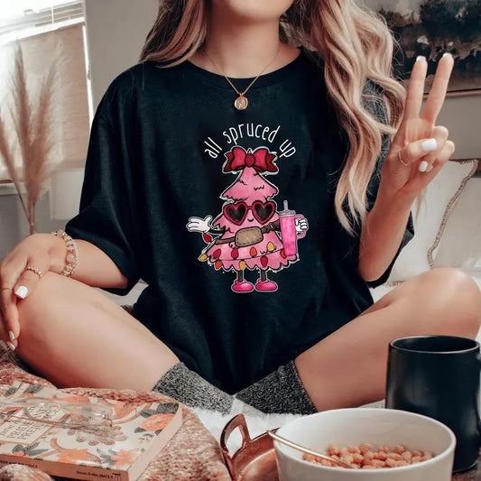 All Spruced Up Christmas Sweatshirt - Trendy Pink Tree Shirt for Women - Medium-heavy Fabric - Pullover
