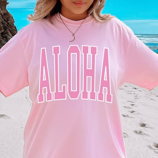 Aloha Varsity T-shirt, Casual Oversized Cotton Shirt for the Beach Comfort Fabric Top Womenswear Unisex Lady Tshirt Women
