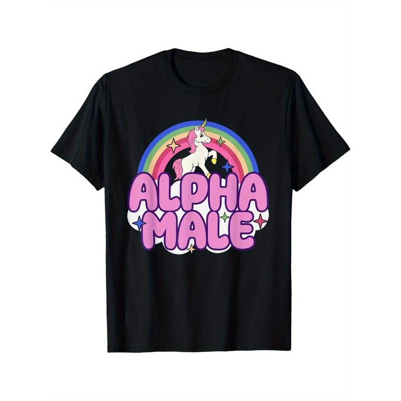 Alpha Male Unicorn Graphic T-Shirt, Cotton Crew Neck Short Sleeve Tee, Geometric Pattern, Knit Fabric, All-Season Casual Wear for Adults Made in USA