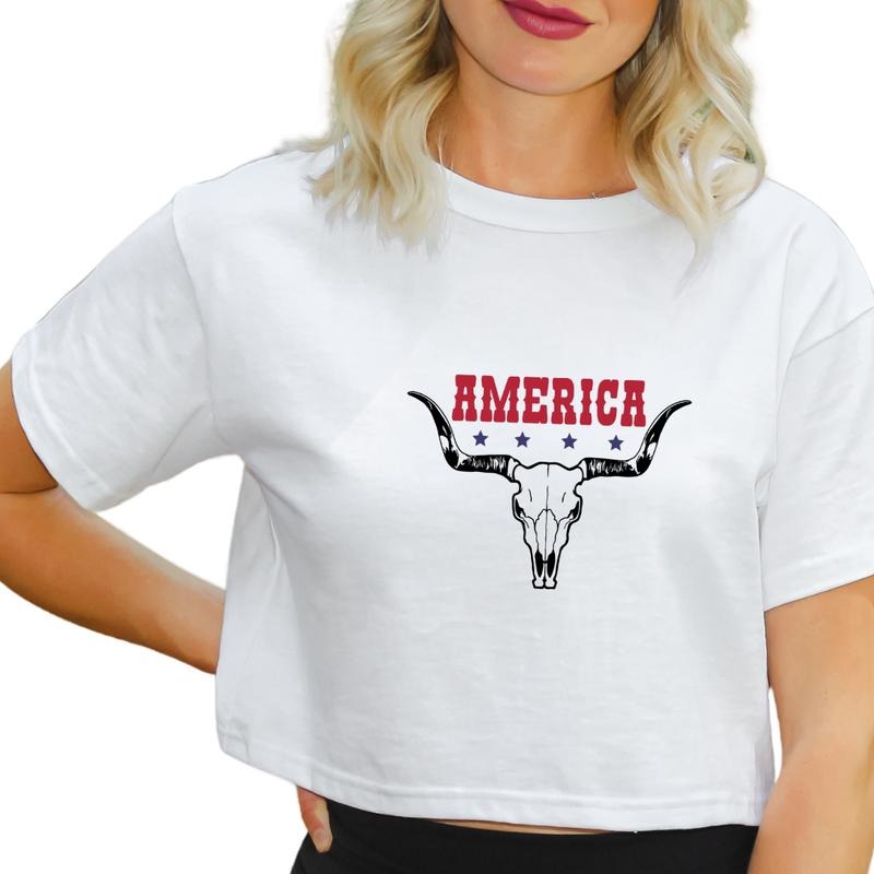 America Bull Skull T-Shirts, Western Bull Skull Tee, Fourth Of July Shirt, Trendy July 4th Outfits