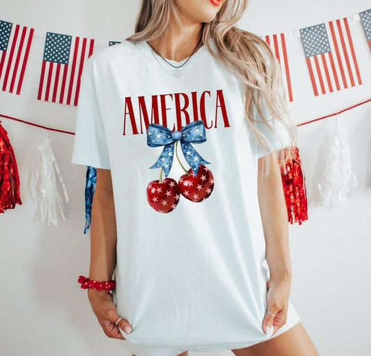 America Cherries Shirt, Cherry Bow Crewneck, 4th Of July Coquette Bow Shirts, Trendy July 4th Graphic Tee, 4th of July Woman, Usa Flag Sweatshirt