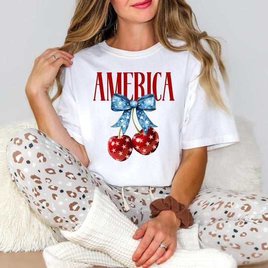 America Cherries T-shirt, Cherry Bow Shirt, Trendy July 4th Outfit, 4th of July Woman Outfit, USA Flag Tee, Red White and Blue Independence Day Shirts