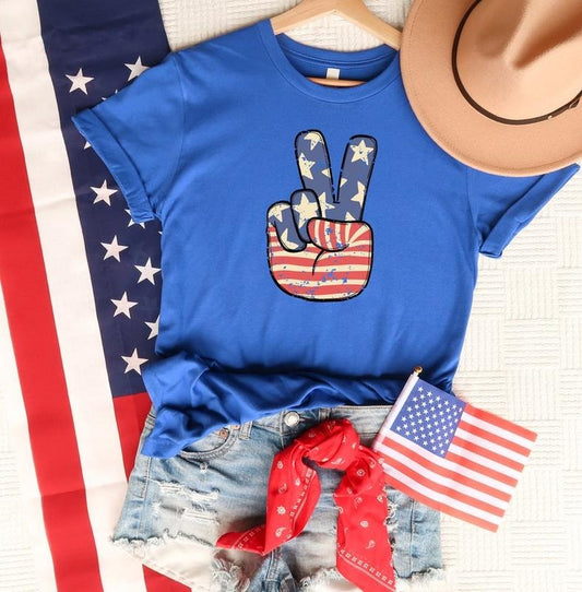America Peace Shirt - Solid Color Graphic T-Shirt with "Peace" Design, Crew Neck, Casual Style,  Cotton, 4th Of July Patriotic Shirt