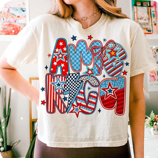 America Retro Checkered Shirt 4th of July Patriotic Coquette USA Star Bow Graphic Unisex Crewneck