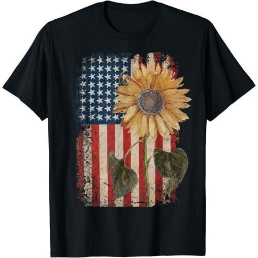 America Sunflower Flag 4th July American Patriotic Flower T-Shirt Made in USA