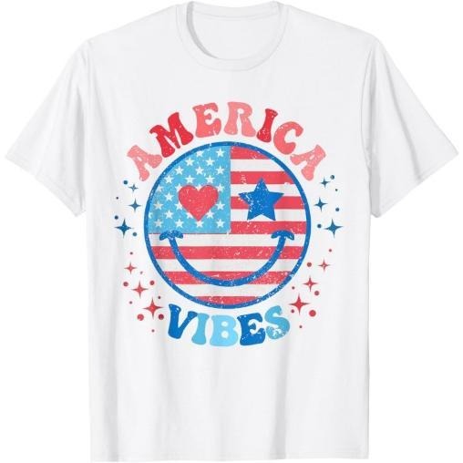America Vibes Smile Face American Flag 4th Of July Groovy T-Shirt Made in USA