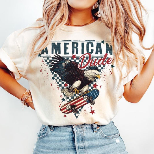 American Dude Shirt 4th of July Retro Boy Eagle USA Flag Independence Day T-Shirt Funny Patriotic Tee 100% Cotton