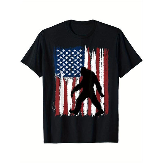 American Flag And Sasquatch Silhouette Print, Men's Casual Round Short Sleeve Comfy Pure Cotton T-shirt For Summer Wear Made in USA