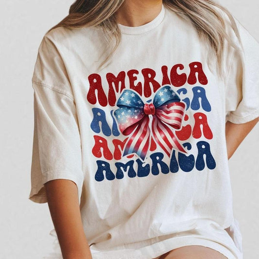 American Flag Coquette Bow Shirt, 4th Of July Shirt, America T-Shirt, Patriotic Tee, Independence Day Outfit, Retro 4th Of July Shirt, USA Shirt, Fourth Of July Parade Top, Women's Patriotic Wear, Comfort Casual Women's Tee