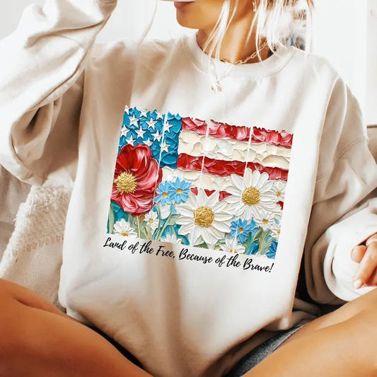 American Flag Sweatshirt, 4th of July Memorial Shirt, Floral America USA, Patriotic, Girly USA Shirt