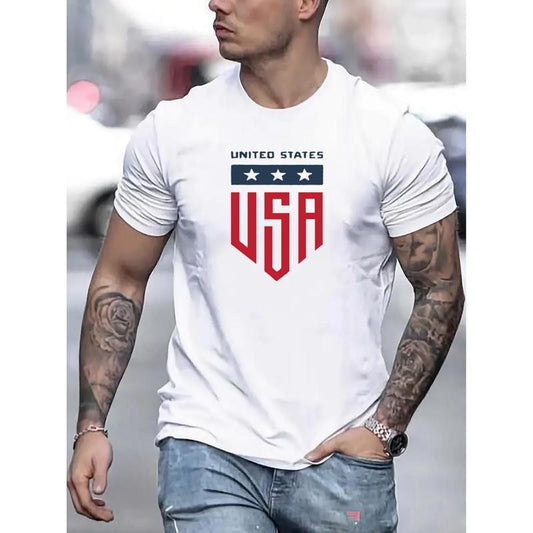 American theme men's round neck short sleeve cotton T-shirt, casual and comfortable T-shirt, suitable for everyday wear and resort, summer classic fashion trend T-shirt, 1 pc, 100% cotton T-shirt Made in USA