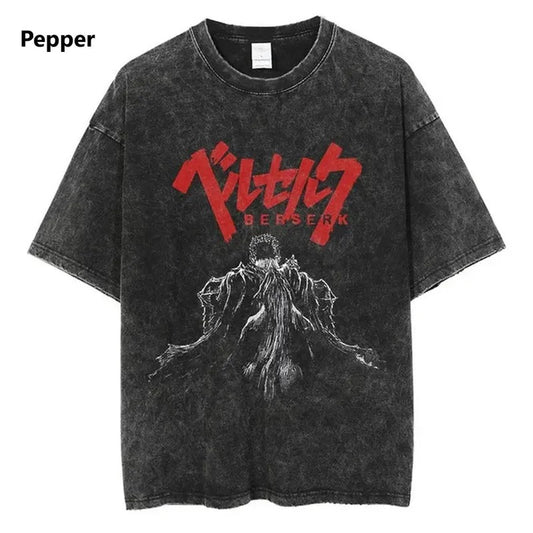 Anime Berserk Vintage T-Shirt Manga Washed T-shirt Pure Cotton Short Sleeve Tee Menswear Top