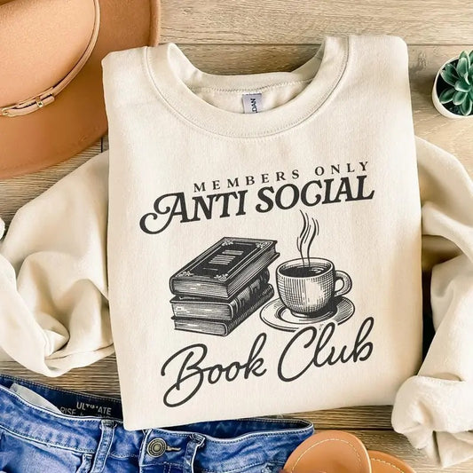 Anti Social Book Club Sweatshirt, Introverted Reader Hoodie, Bookish Merch, Vintage Romance Shirt, Retro Wavy Book Lover Unisex Sweater